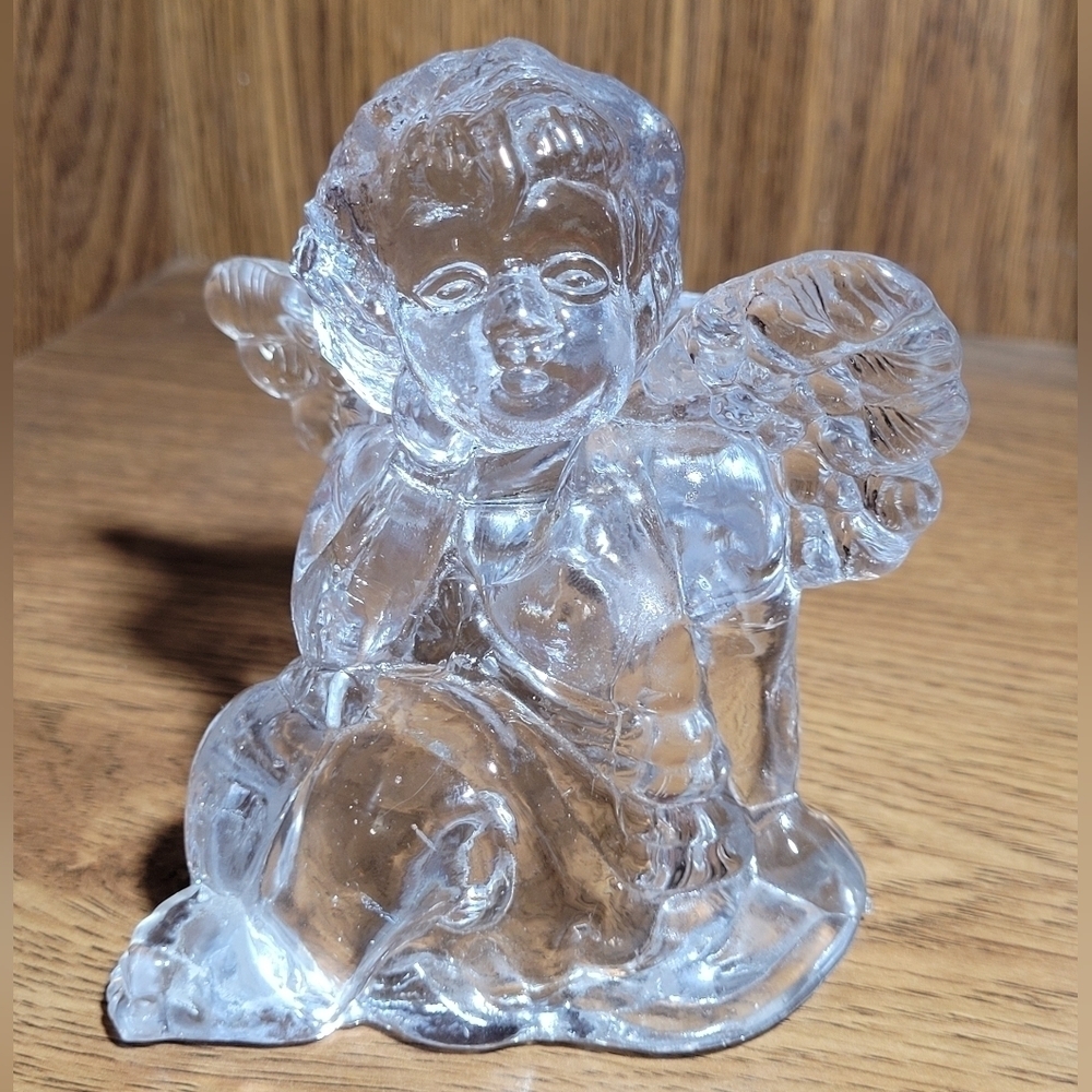 Seated Angel Glass Candle Holder/ Candlestick/ Figurine Crystal Clear Glass Co